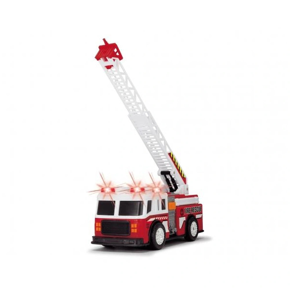 Red and white Dickie fire truck with a glossy finish, featuring a white ladder and black wheels, mirrors, and windows.