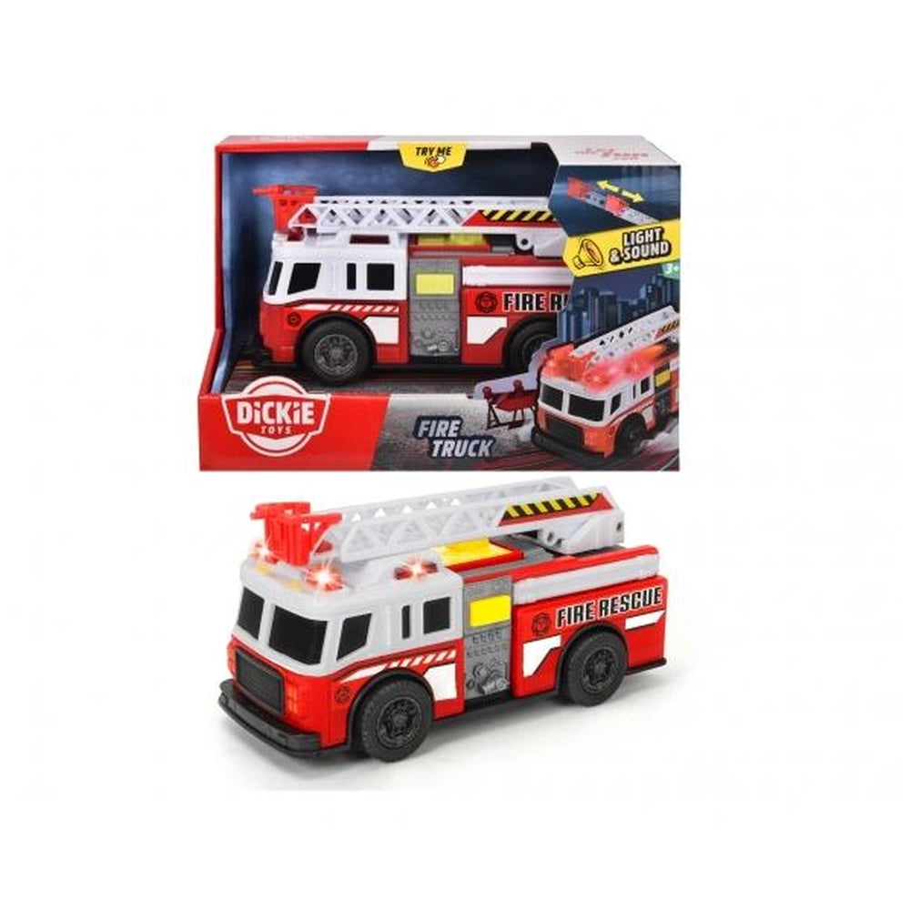 Dickie Fire Truck play vehicle in red and white packaging with light and sound features, displaying stickers and a ladder.