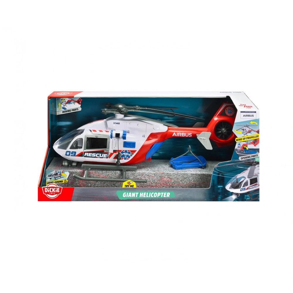 Dickie Giant Helicopter Play Vehicle in red and white with blue rotor, displayed in matte cardboard packaging with a plastic 