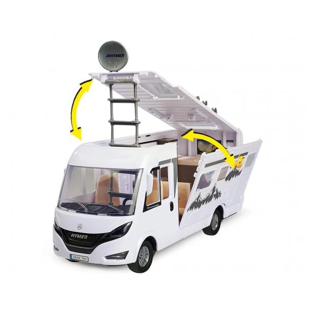 Dickie Hymer Camper Pop Up Set features a glossy white vehicle with clear windows, open door, and visible antenna.
