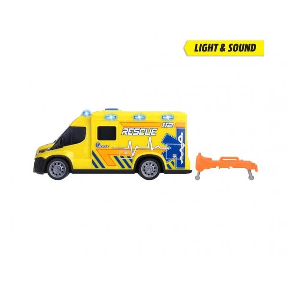 Dickie Iveco Daily Ambulance play vehicle features a glossy finish, tinted plastic windows, and metal wheels.