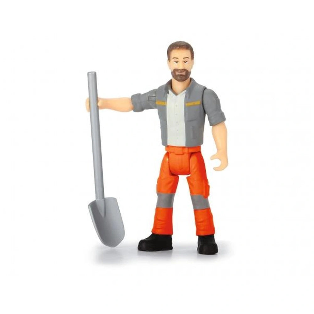 Dickie Kärcher street sweeper play vehicle features a plastic figure in orange and gray clothing holding a gray shovel.