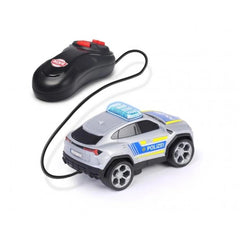 Dickie Lamborghini Urus remote-controlled toy car in silver with blue and yellow stripes, includes a black remote with red bu