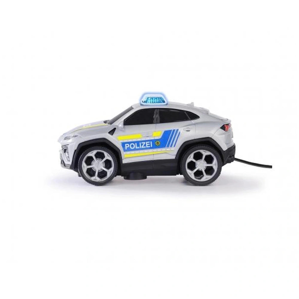 Lamborghini Urus remote-controlled toy car with police livery, featuring a metallic finish, blue and yellow stripe, and clear