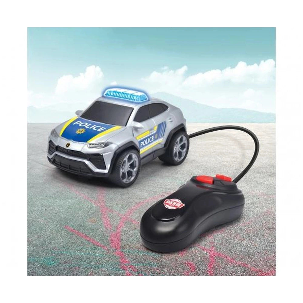 Dickie Lamborghini Urus remote-controlled vehicle features a glossy plastic body, blue and yellow stripes, and rubber wheels.