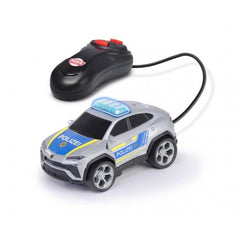 Lamborghini Urus remote-controlled car in silver with blue and yellow stripes, black roof, and police logo, with black remote