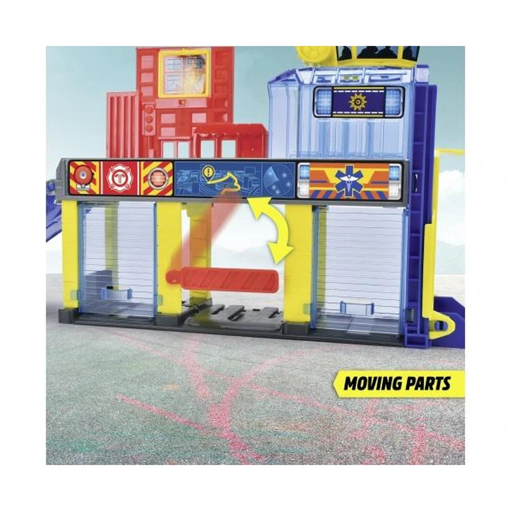 Dickie Micro Sos Station Toy Playset featuring colorful ramps in red, yellow, blue, and clear plastic with dynamic arrows.