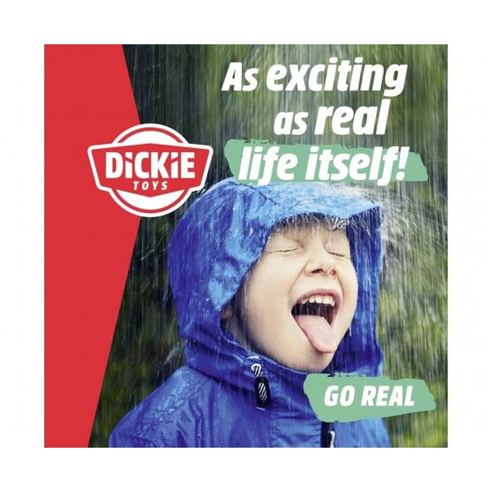 Dickie Micro Sos Station Toy Playset features a child in a blue raincoat enjoying a rainy day with clear raindrops falling.