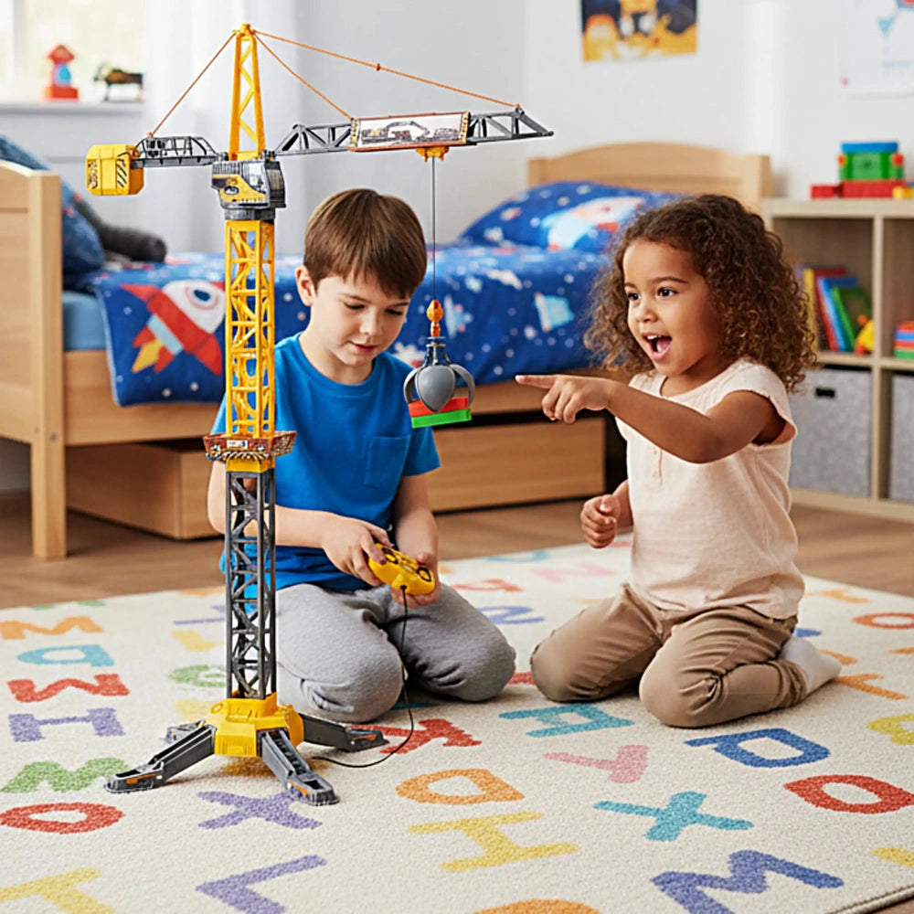 Mighty Crane play vehicle with yellow and gray components, surrounded by kids on a colorful lettered carpet.