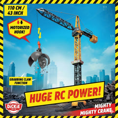 Mighty Crane play vehicle in yellow and black packaging features a cityscape backdrop and highlights motorized hook and grabb