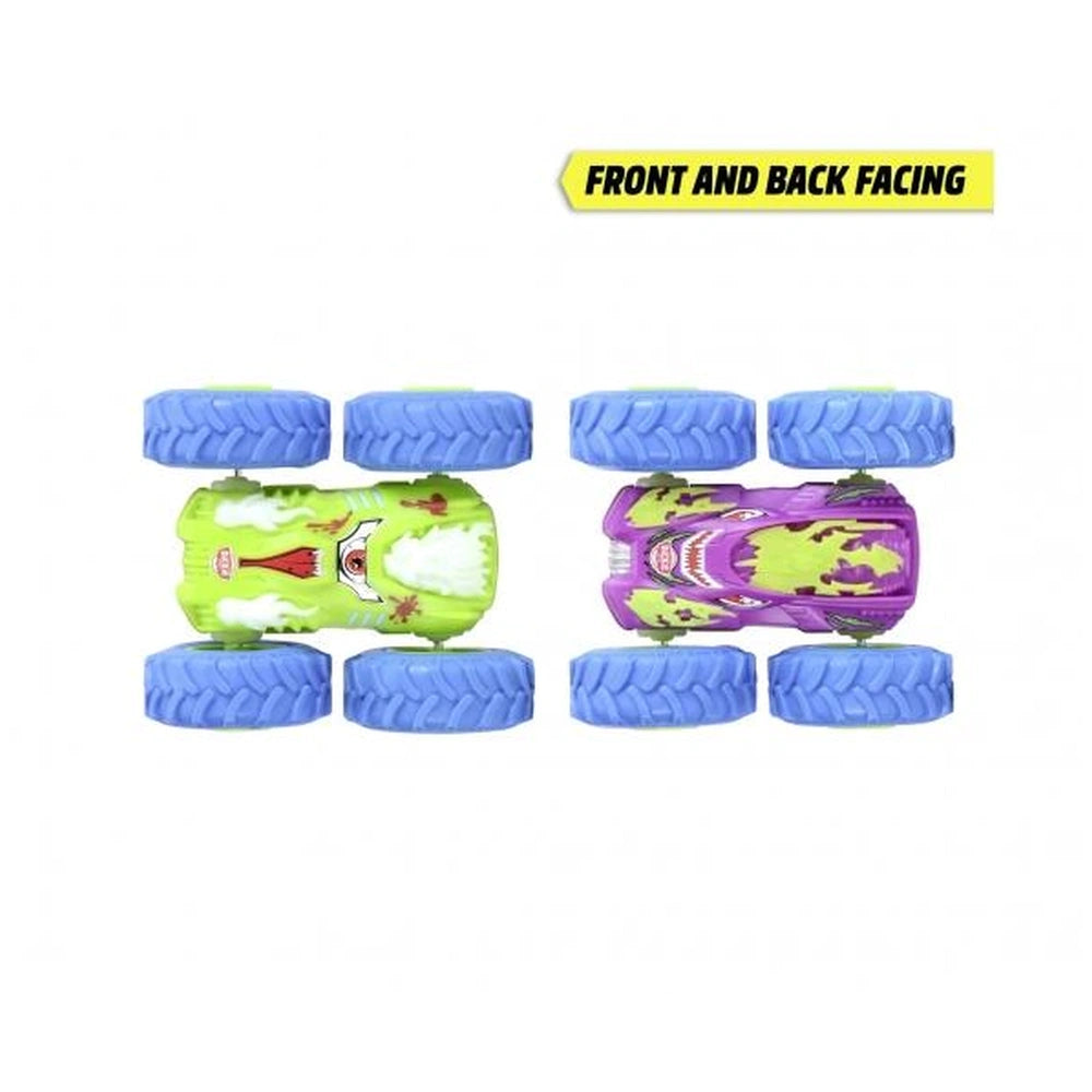 Dickie Monster Flippy assorted play vehicles with glossy green and purple plastic bodies and blue wheels, shown front view.