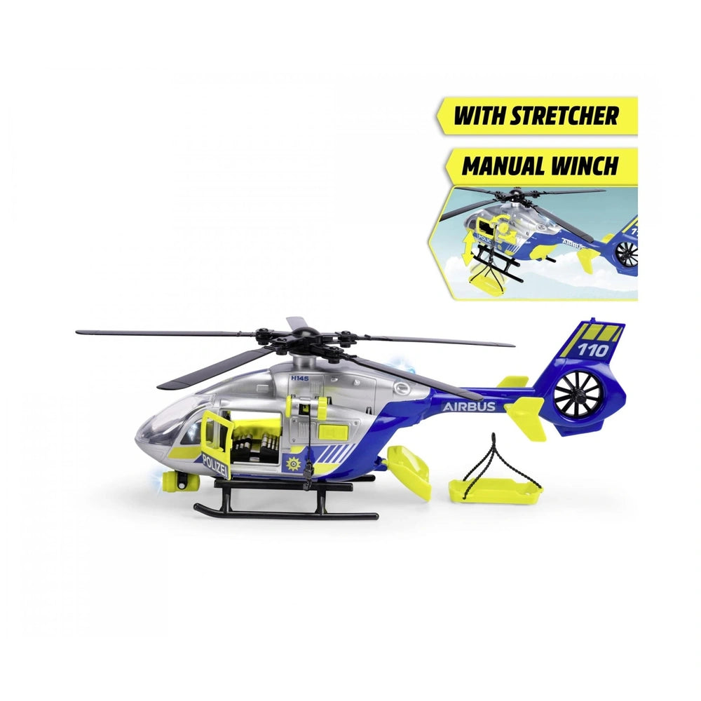 Dickie Police Helicopter Play Vehicle in yellow, blue, gray, and black plastic with metal and rubber components, featuring a 