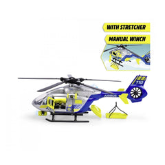 Dickie Police Helicopter Play Vehicle in yellow, blue, gray, and black plastic with metal and rubber components, featuring a 