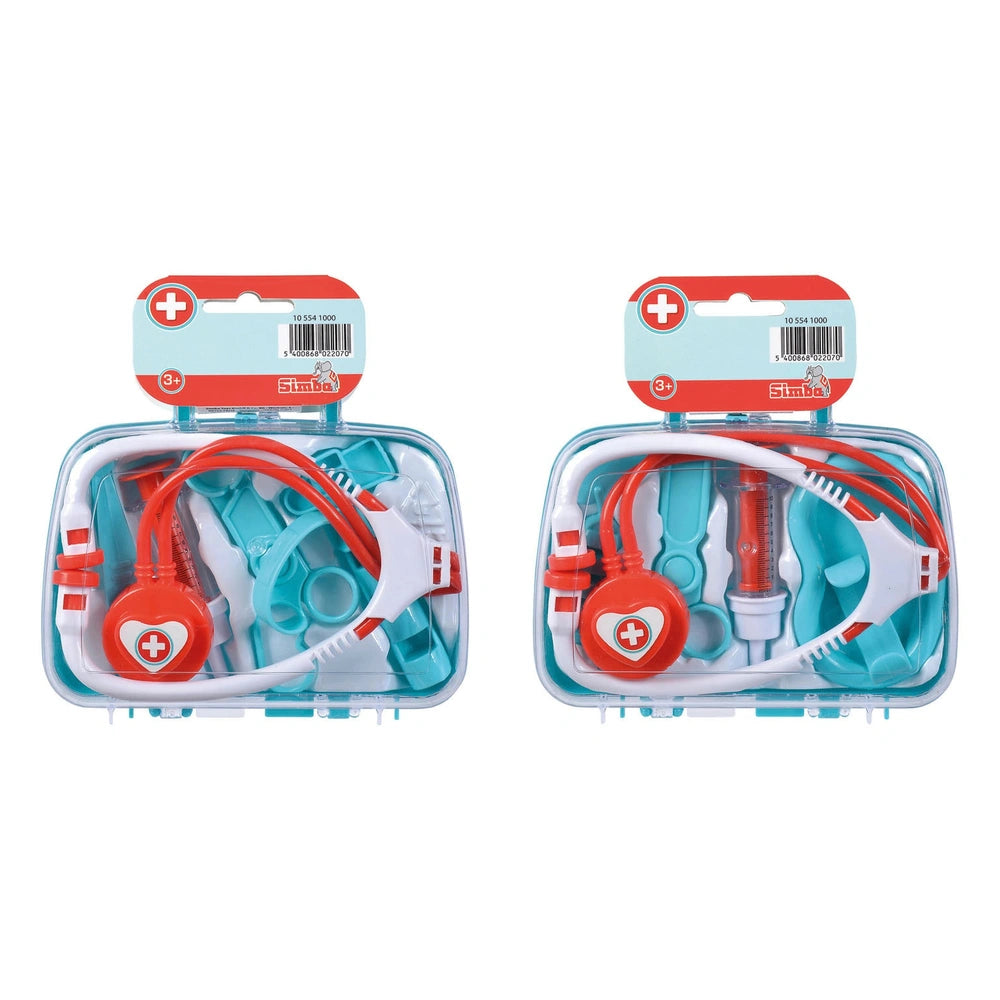 Doctor's case with medical accessories including a stethoscope, blood pressure cuff, and heart-shaped object in plastic conta