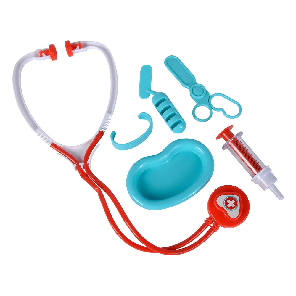 Doctor's case with accessories features a stethoscope, blood pressure cuff, syringe, thermometer, and scissors on a white bac