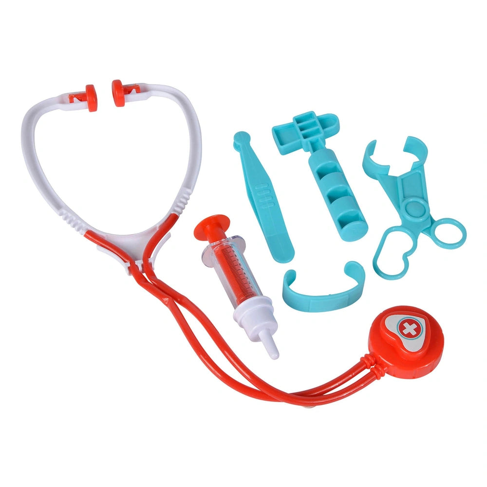 Doctor's case with accessories includes a stethoscope, syringe, scissors, tweezers, and forceps on a white background.