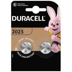 Duracell Button Cell CR 2025 lithium battery packaging features a pink bunny design on a glossy black background with white t