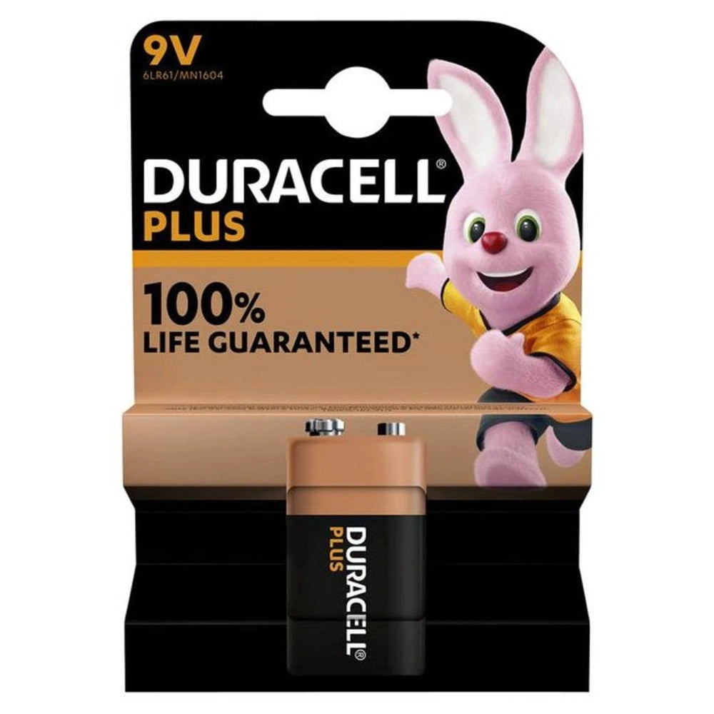 Duracell Plus 9V battery in matte cardboard packaging with a transparent window, featuring a pink bunny graphic and white tex
