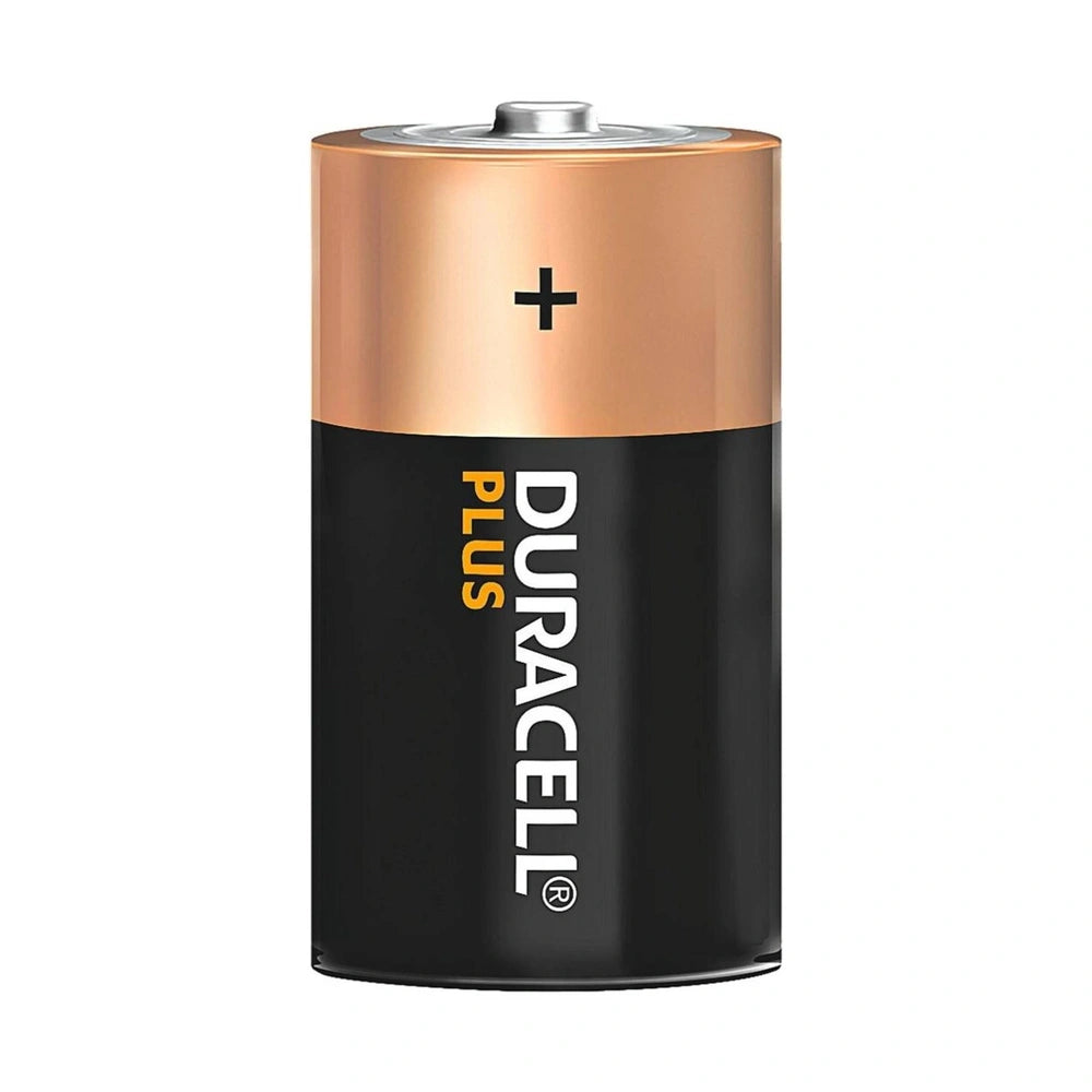Duracell Plus-D K2 D Battery features a metallic casing, silver cap, and a black label with white and yellow text.