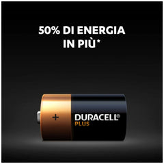 Duracell Plus Power Type C alkaline battery in black with a gold top, featuring "50% DI ENERGIA IN PII" text.