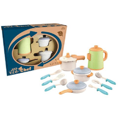 Eco Chef 14-piece sustainable cooking pot set in pastel colors, displayed in a blue cardboard box with a cutout window.