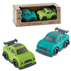 Sustainable Wheat Straw toy car set in green and blue, displayed in an open cardboard box on a white background.