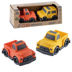 EcoMetropoli sustainable toy car set featuring one orange and two yellow cars in a cardboard box labeled eco-friendly.