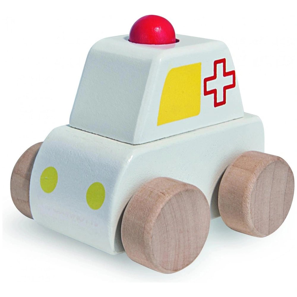 Eichhorn baby emergency car features a white body, red top, yellow side, and wooden wheels for imaginative play.