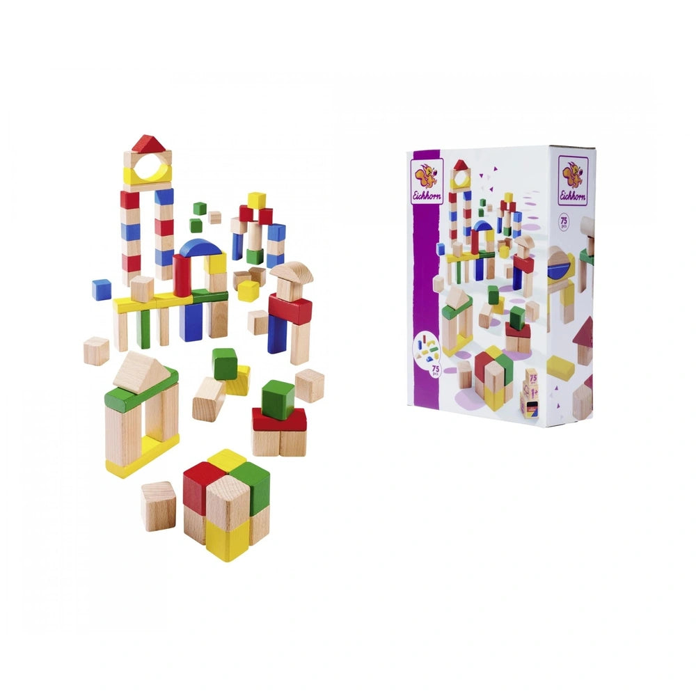 Eichhorn baby wooden colored blocks in various shapes scattered around a colorful cityscape illustrated box.