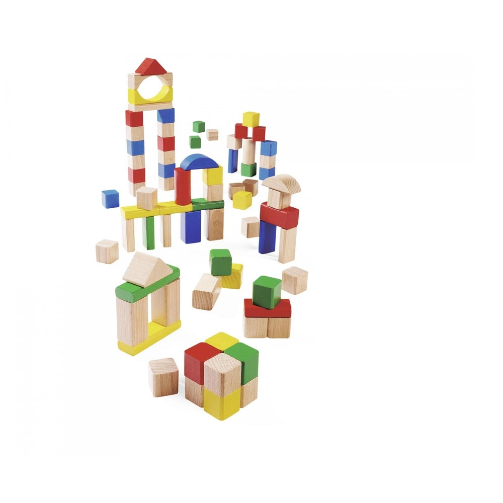 Eichhorn baby wooden colored blocks in vibrant hues create a playful cityscape with various shapes for sorting and stacking.