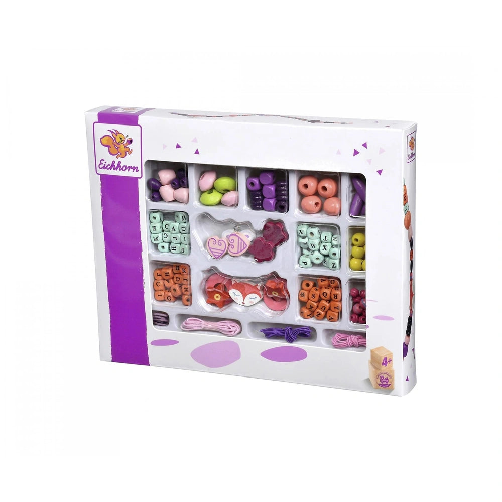 Eichhorn bead set features 190 colorful letter pieces in a playful box with a clear front, perfect for arts and crafts.