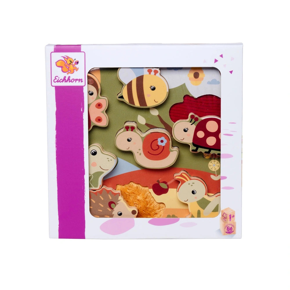 Eichhorn Bee-Happy Sensory Puzzle features vibrant cartoon animals like a bee, caterpillar, and ladybug in a playful nature s