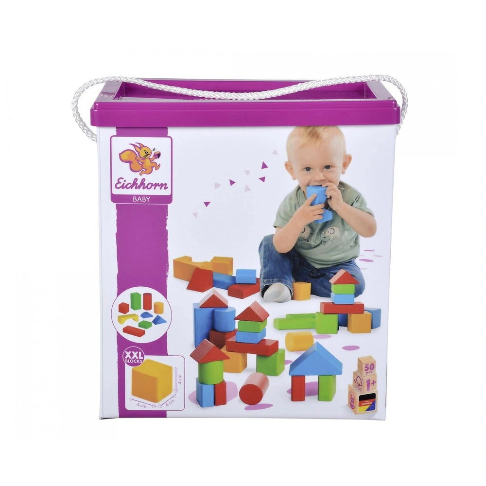 Eichhorn colored wooden blocks set in a purple and white box, featuring a happy baby figure with a blue teething toy.