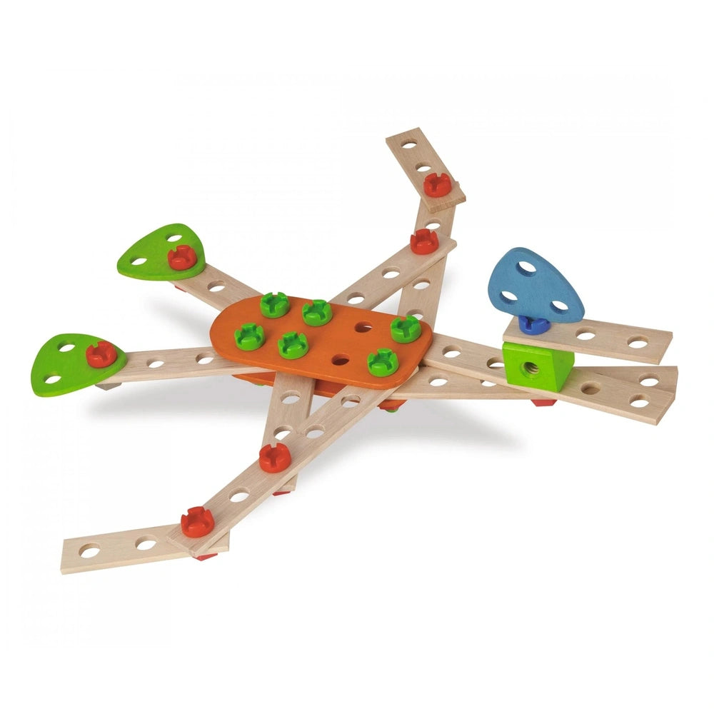 Eichhorn Constructor 4 in 1 features a colorful wooden structure with various shapes and plastic connectors for assembly.