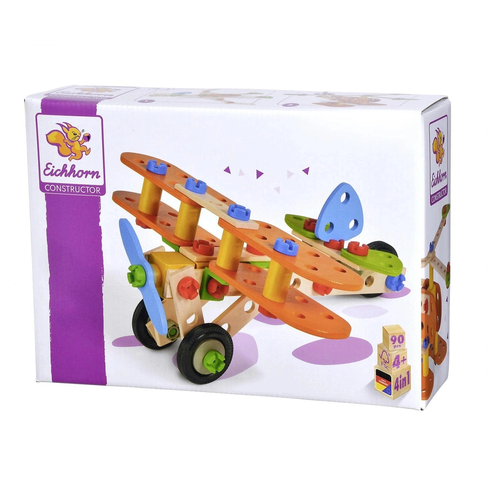 Eichhorn Constructor 4 in 1 construction set features a colorful wooden toy airplane with a propeller and wheels in a display