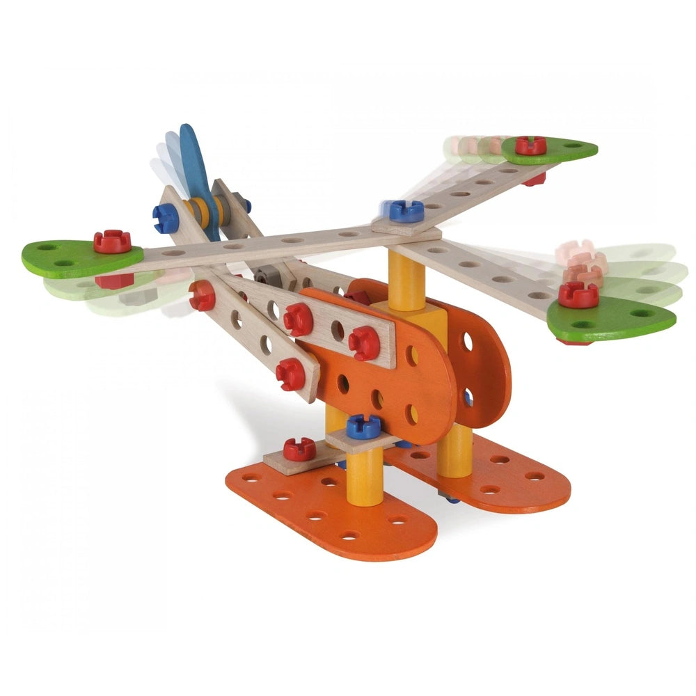 Wooden toy airplane in orange, green, and blue with a propeller and landing gear, showcased against a plain white background.