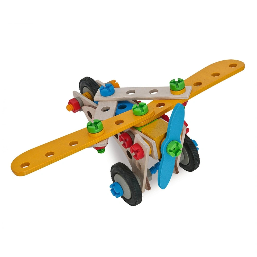 Eichhorn Constructor 4in1 set featuring yellow wooden skis, blue wheels, red and green plastic connectors, and metal axles.