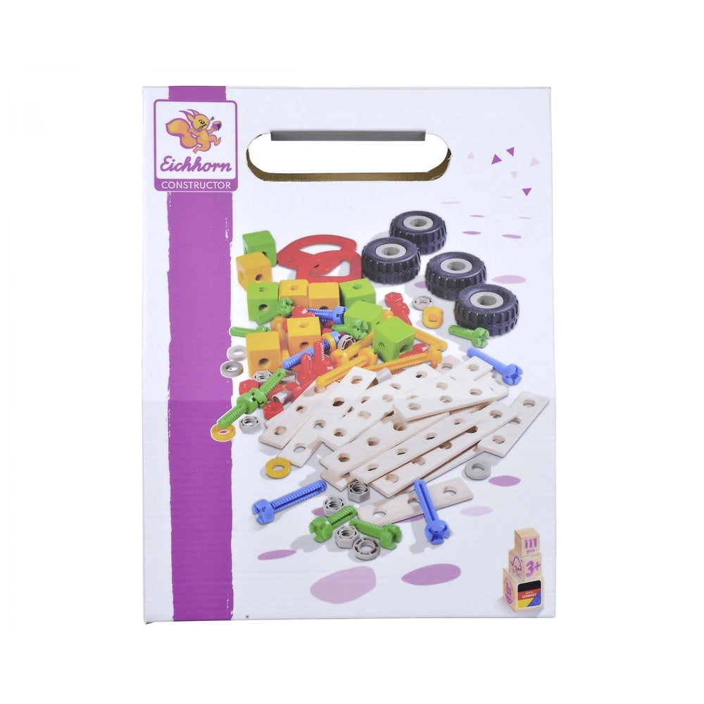 Eichhorn construction set packaging displays colorful plastic pieces and a wooden base, inviting creative building play.