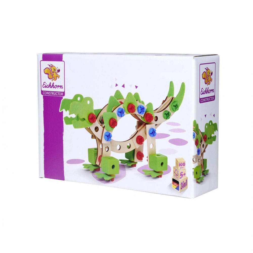 Eichhorn Constructor Dinosaur construction set box features a vibrant illustration of a smiling green dinosaur amid colorful