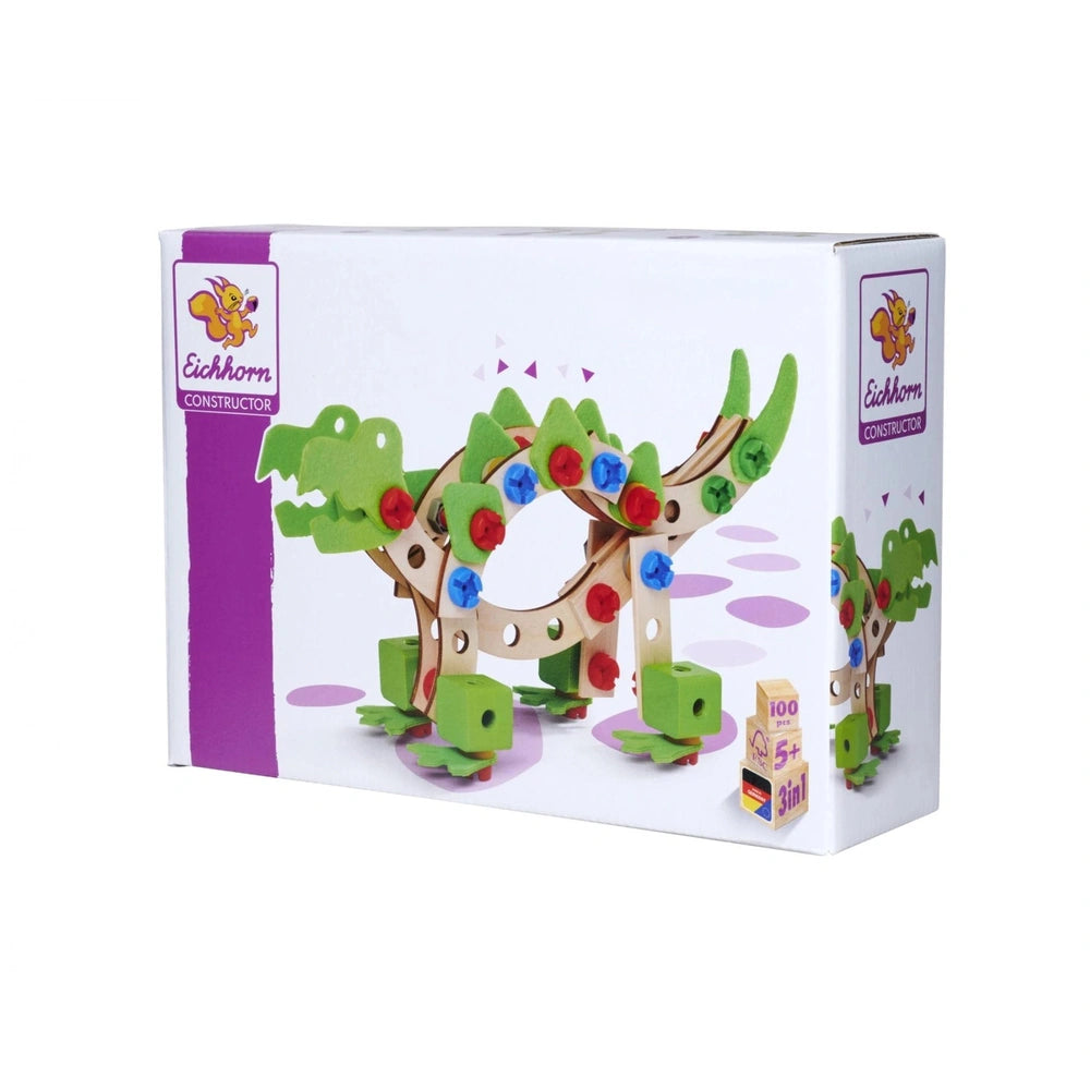 Eichhorn Constructor Dinosaur construction set box featuring a colorful tree-like design aimed at children.