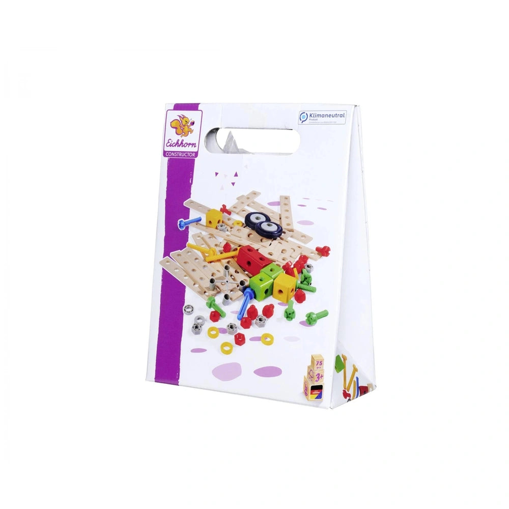 Eichhorn Constructor Expansion Set packaging showcases a variety of colorful construction pieces visible through a clear plas