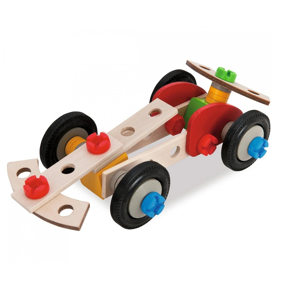 Eichhorn Constructor Racer Car made of wooden planks, featuring black wheels and colorful connectors in red, blue, yellow, an