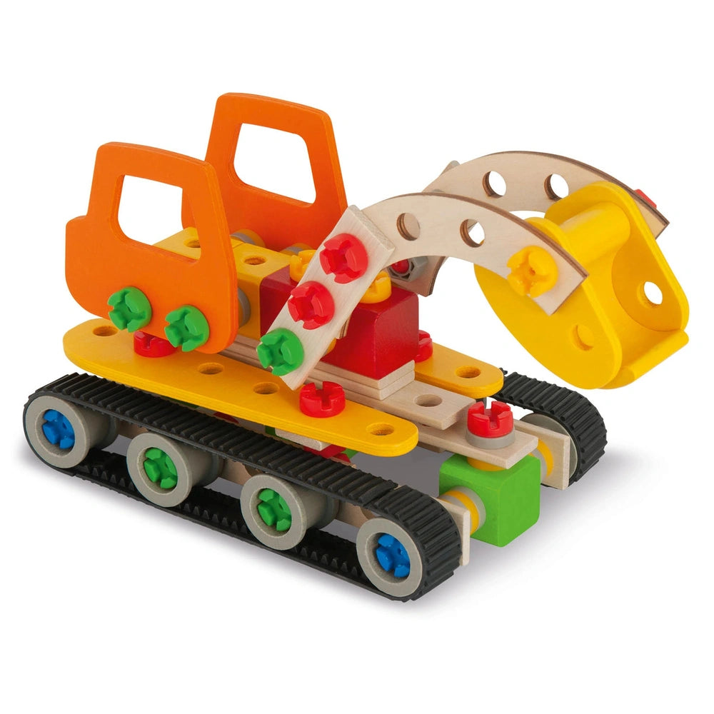 Toy construction vehicle in orange and yellow with a crane arm, featuring a mix of smooth and textured plastic surfaces.