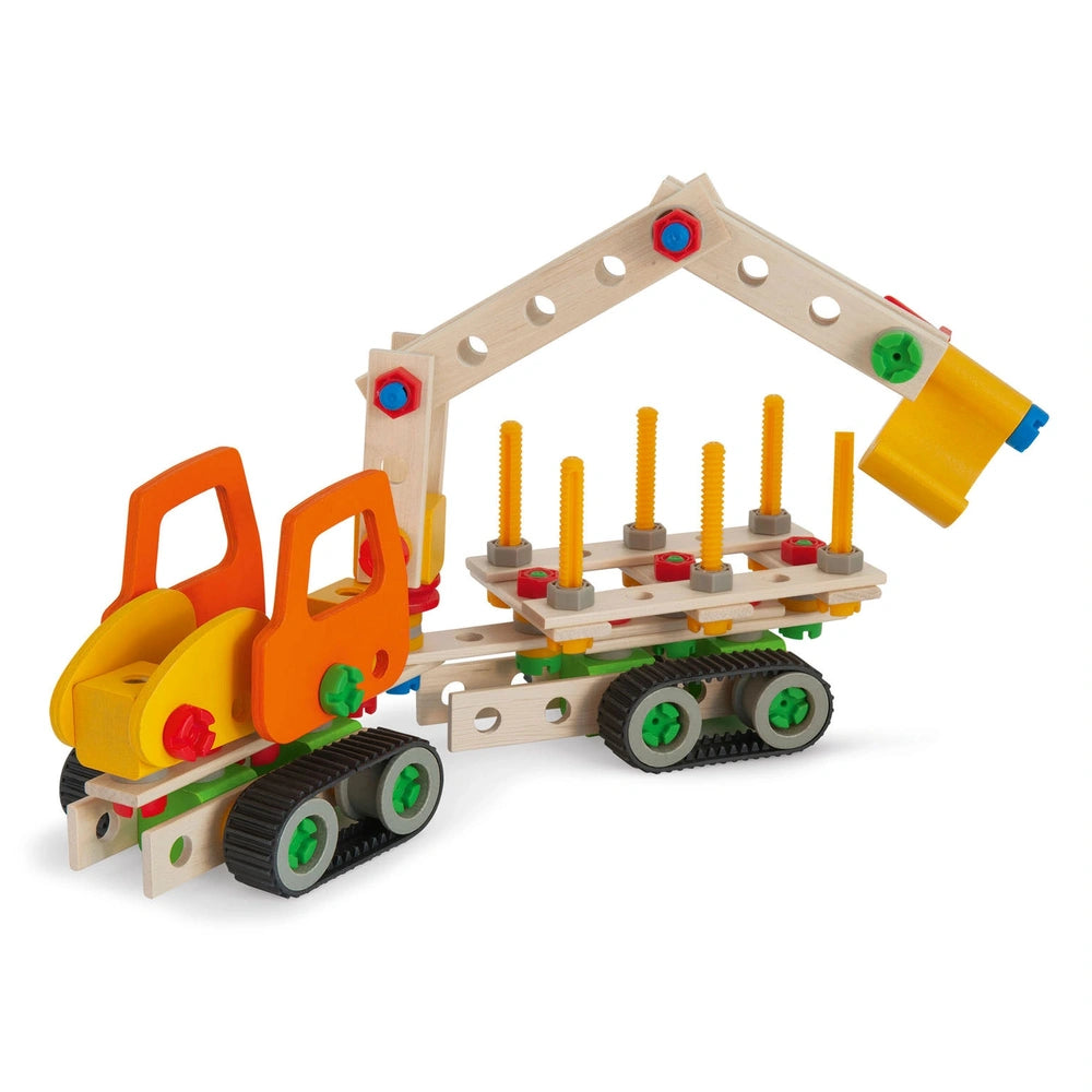 Eichhorn wooden construction set features colorful vehicles, including a crane and flatbed, with various assembly components.