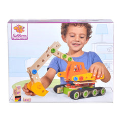 Eichhorn Constructor Work Vehicles set features a smiling child assembling a colorful wooden crane with plastic connectors.