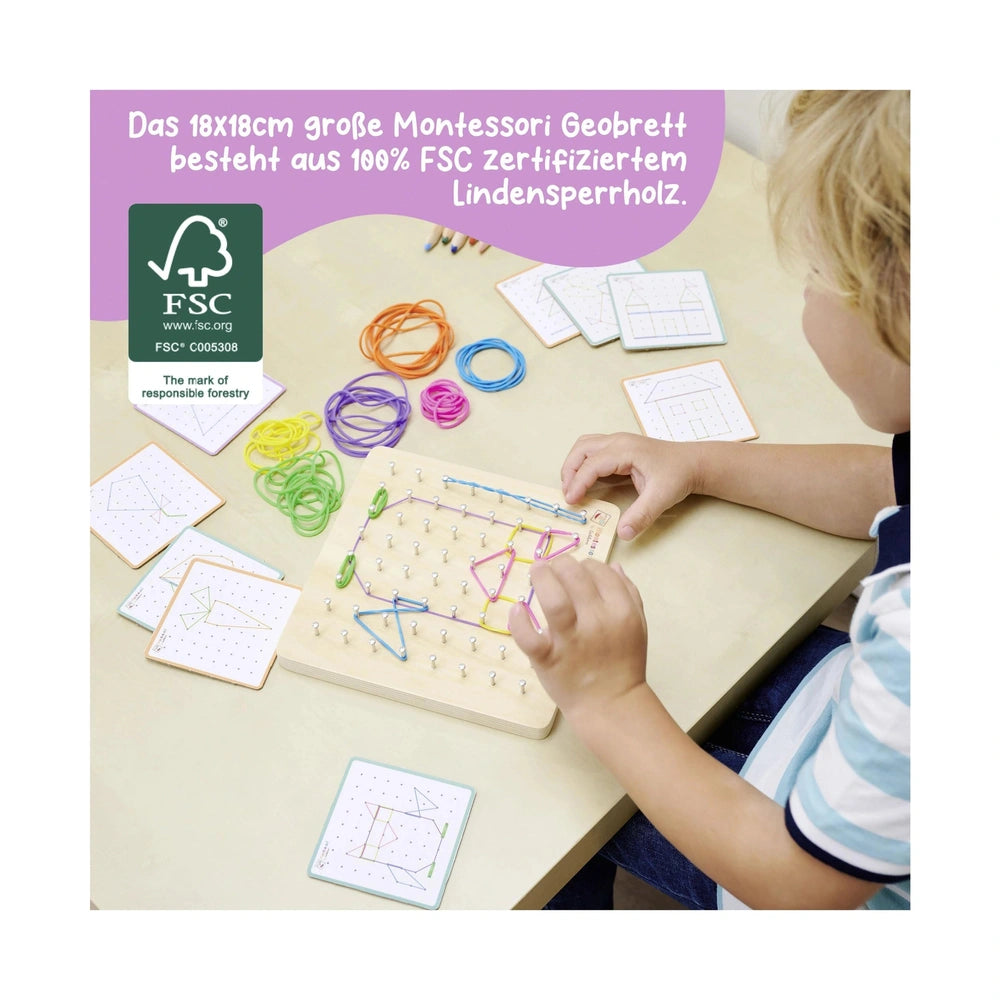 Eichhorn Montessori Geometry Board with colorful strings, a child crafts patterns on a wooden peg board, showcasing education