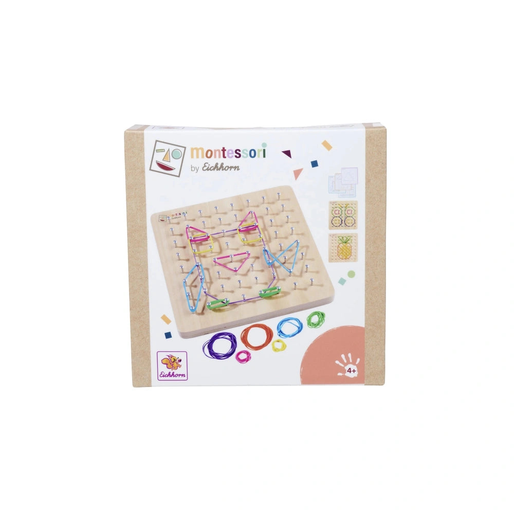 Eichhorn Montessori Geometry Board packaging features colorful shapes and a scissors logo for engaging educational play.