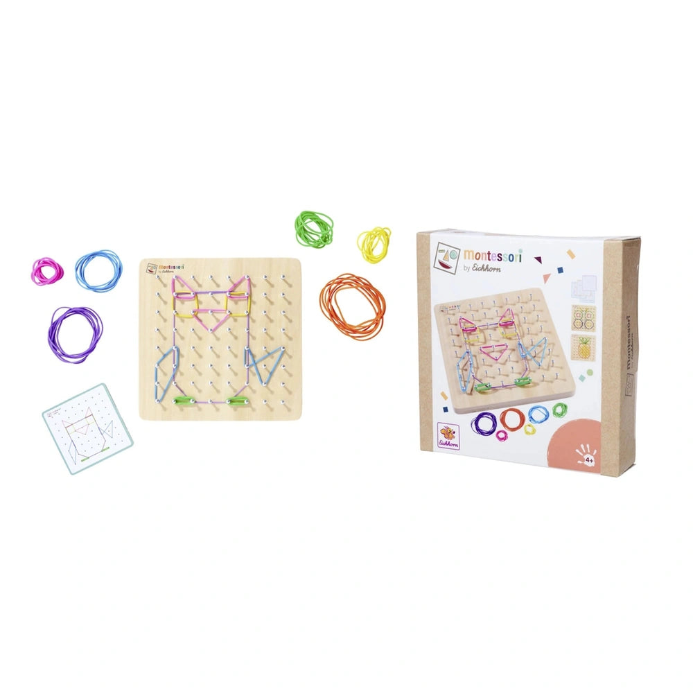 Eichhorn Montessori Geometry Board featuring craft kits to create colorful cat faces with strings and wooden pegs.