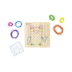 Eichhorn Montessori Geometry Board with colorful stick designs, pegs, and loops of string on a white background.