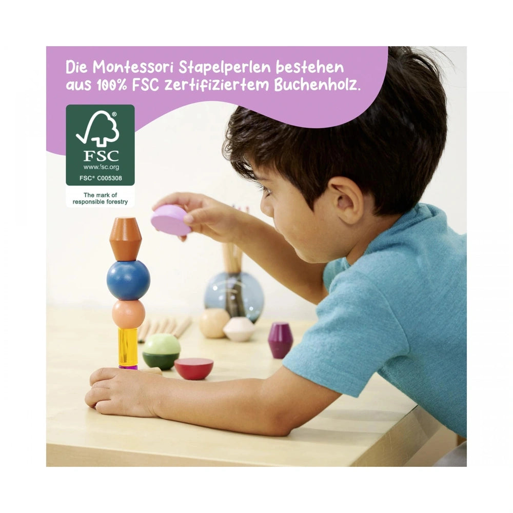 Eichhorn Montessori stacking beads set, featuring a focused child playing with colorful beads in a bright play area.